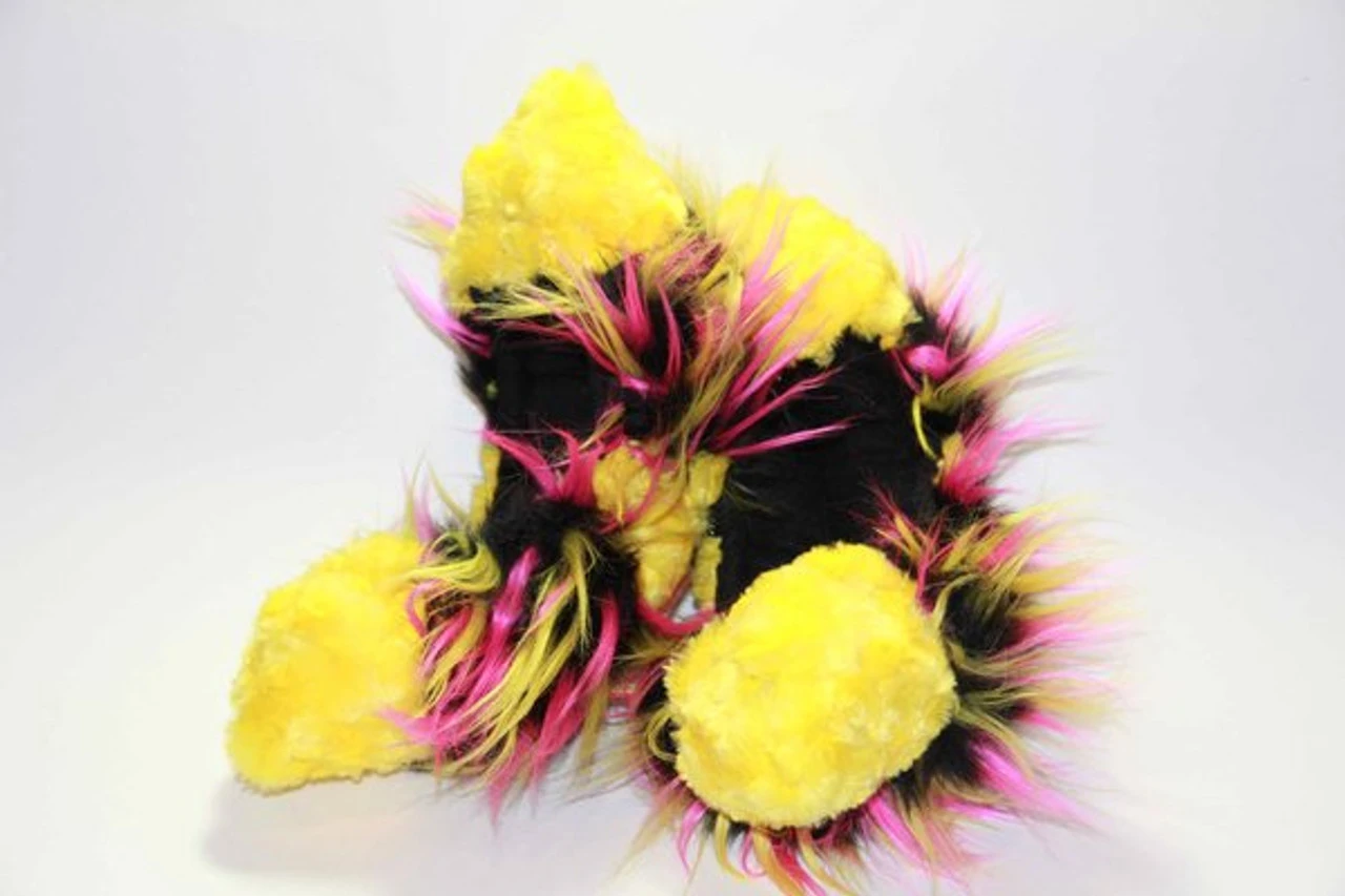 Figure Skating Furry Soakers -CF26 - Yellow Fuzzy Fur With Hot Pink, Yellow And Black 1 Figure Skating Furry Soakers -CF26 - Yellow Fuzzy Fur With Hot Pink, Yellow And Black